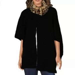 NEW Cejon Faux Leopard Fur Collar Cape Coat, One Size, Black Brown